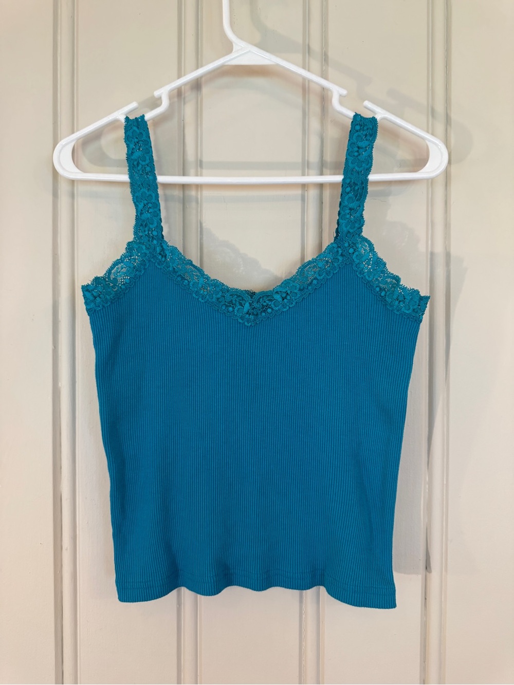 Women's Lace-Trim Ribbed Tank Top - Teal Y2K Deb Mall Brand 90s